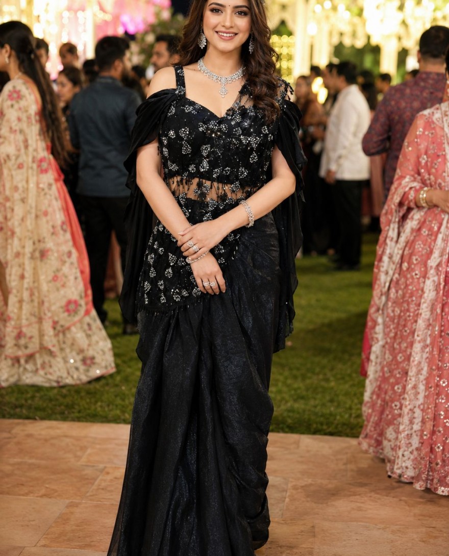 BLACK - Black Fandy Embroidered Work Contemporary Sari